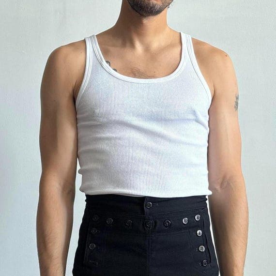 1990s Vintage German Army Military White Ribbed Cotton Tank Top